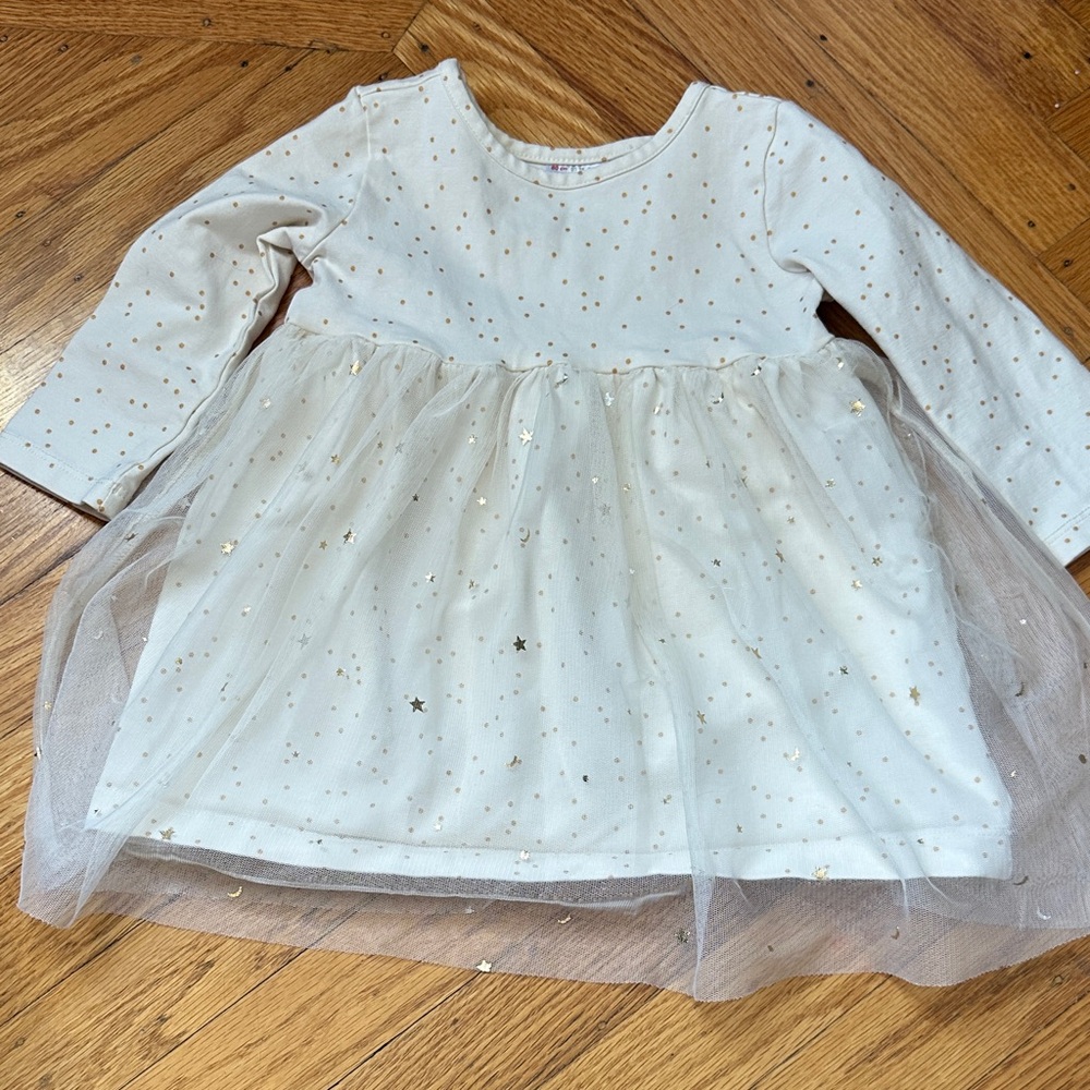 Hanna Andersson Baby Long Sleeve Tulle Shimmer Dress -- Cream & Gold Stars